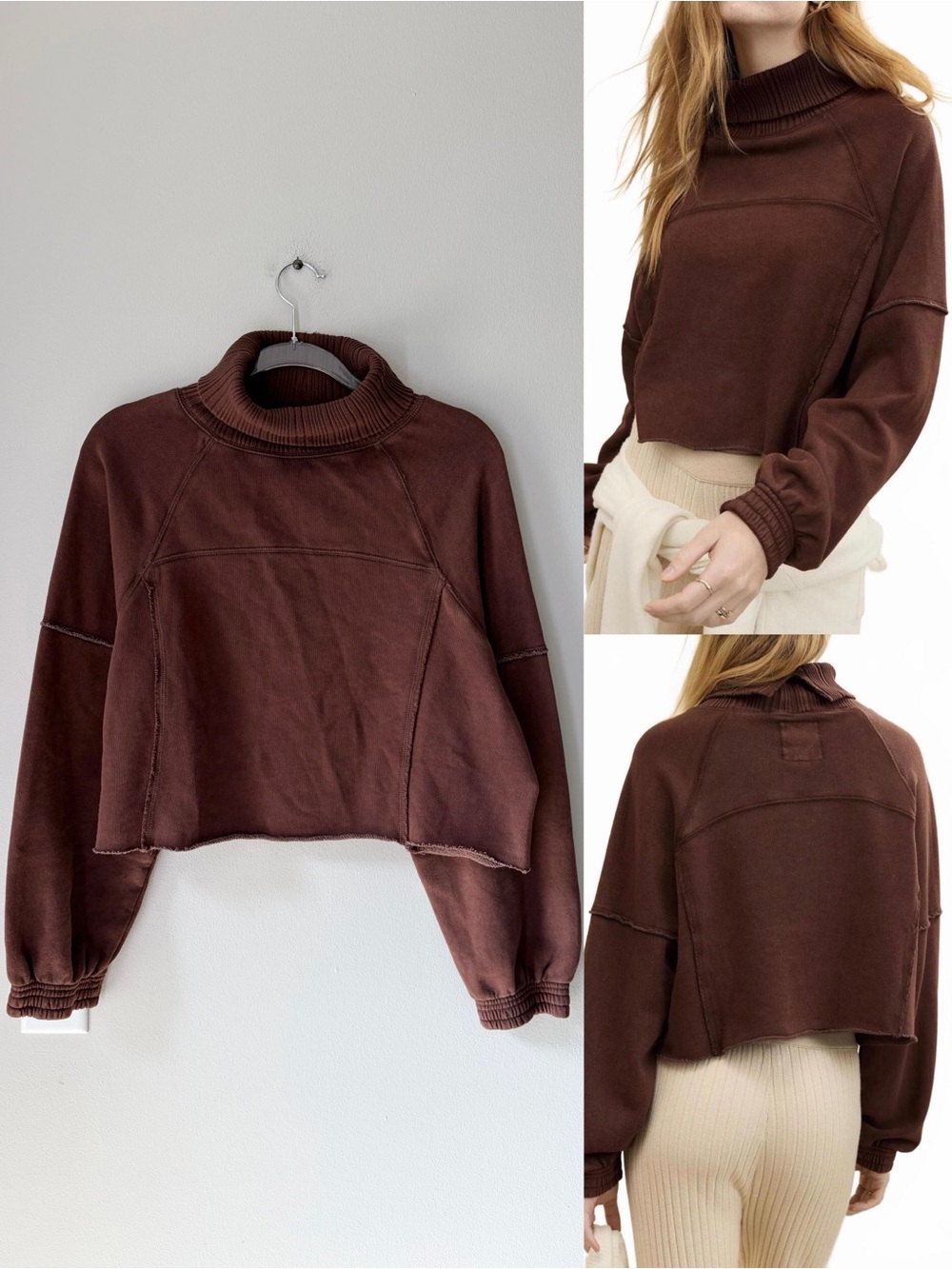 Aerie New Heights Brown Casual Turtle Neck Cropped Sweatshirt Loungewear